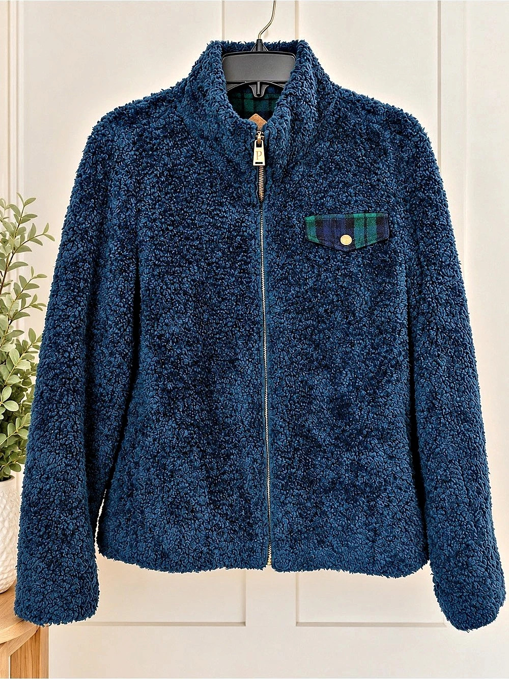 Pendleton M Sherpa Fleece Cabincore Cozy Jacket Navy Blue Plaid Full Zip Teddy